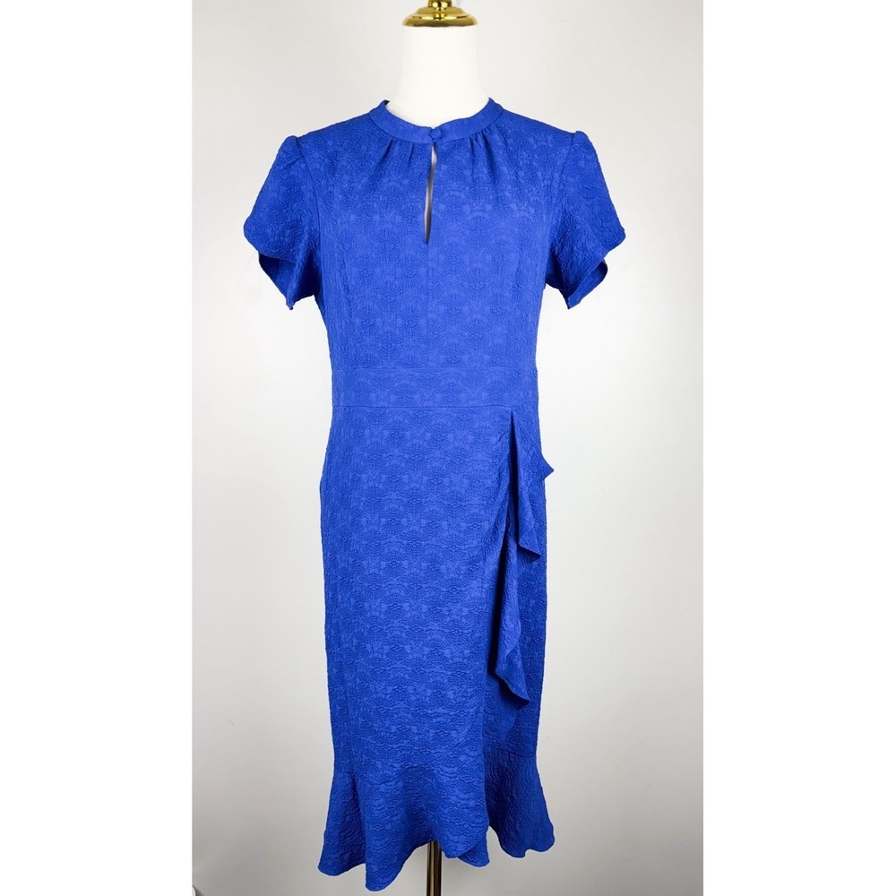 Nanette Lepore Sz 8 Cobalt Blue Jacquard Ruffle Flounce Dress Cocktail Workwear
